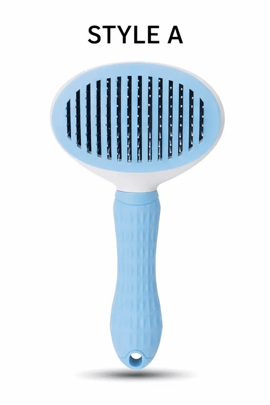 Blue Pet Deshedding Comb on white background showing ergonomic design