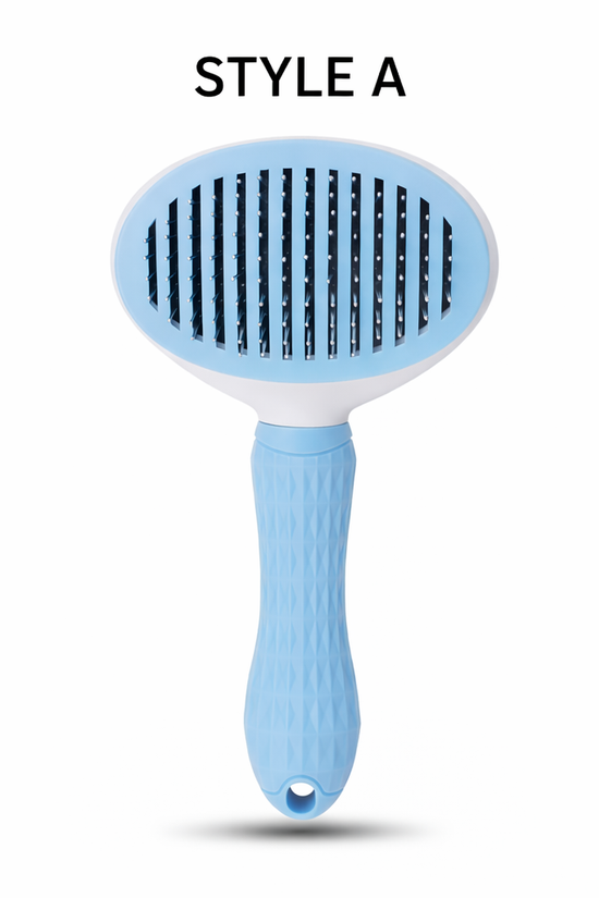 Professional dog deshedding comb blue on white background showing ergonomic design