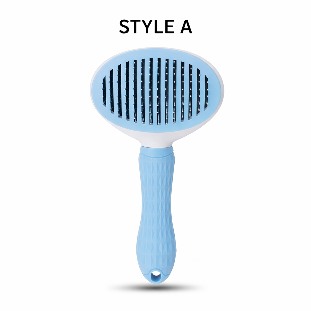 Professional dog deshedding comb blue on white background showing ergonomic design