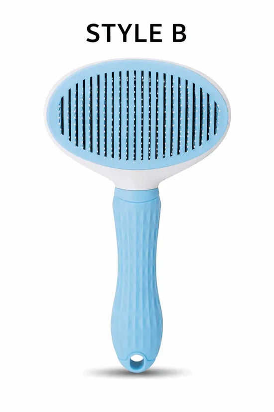 Blue Pet Deshedding Comb close-up showing stainless steel teeth