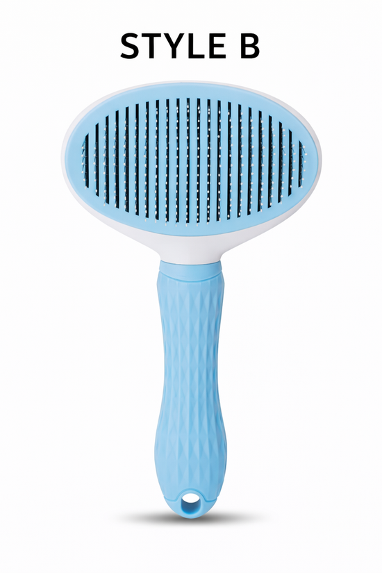 Professional dog deshedding comb blue close-up showing stainless steel teeth