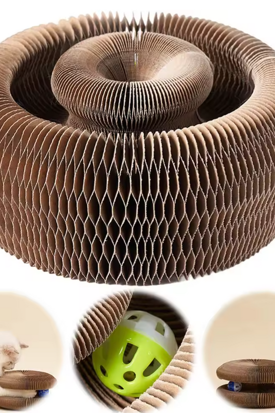 Cat Accordion Scratcher Toy with images of a cat interacting with it.