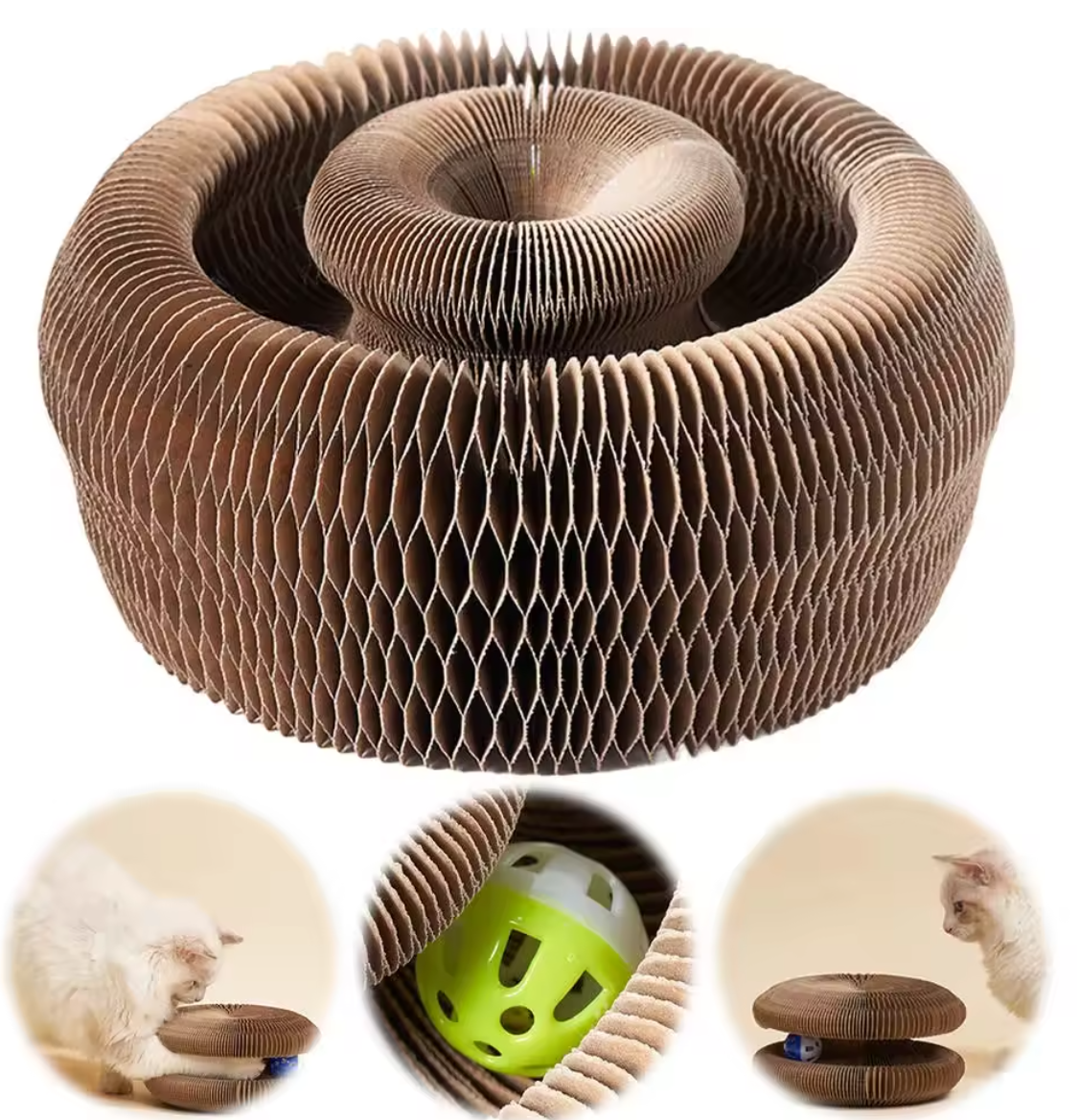 Cat Accordion Scratcher Toy with images of a cat interacting with it.