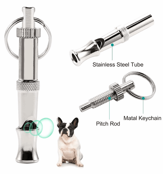 Ultrasonic Dog Training Whistle with labeled parts and a small dog sitting next to it.