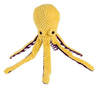 Yellow Octopus Squeaky Plush Toy on a white background