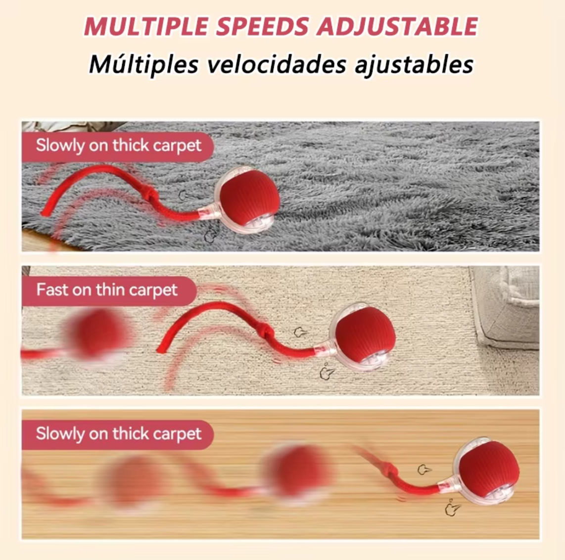 Multiple speed settings of the Auto-Roll Interactive Pet Ball on different types of carpet.