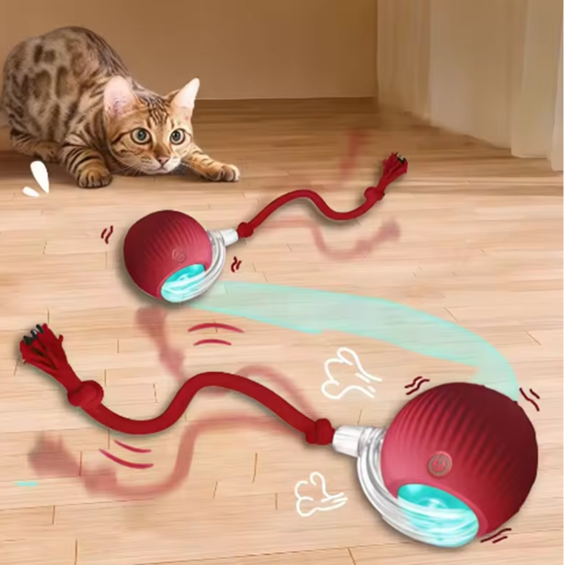 Cat playing with a Auto-Roll Interactive Pet Ball - Touch-Activated Smart Toy for Cats and Dogs on a wooden floor.