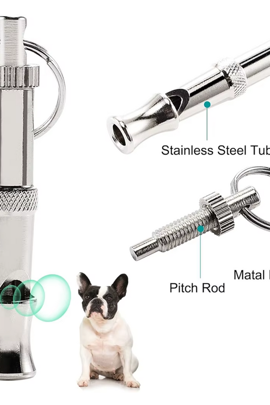 Ultrasonic Dog Training Whistle with labeled parts and a small dog sitting next to it.