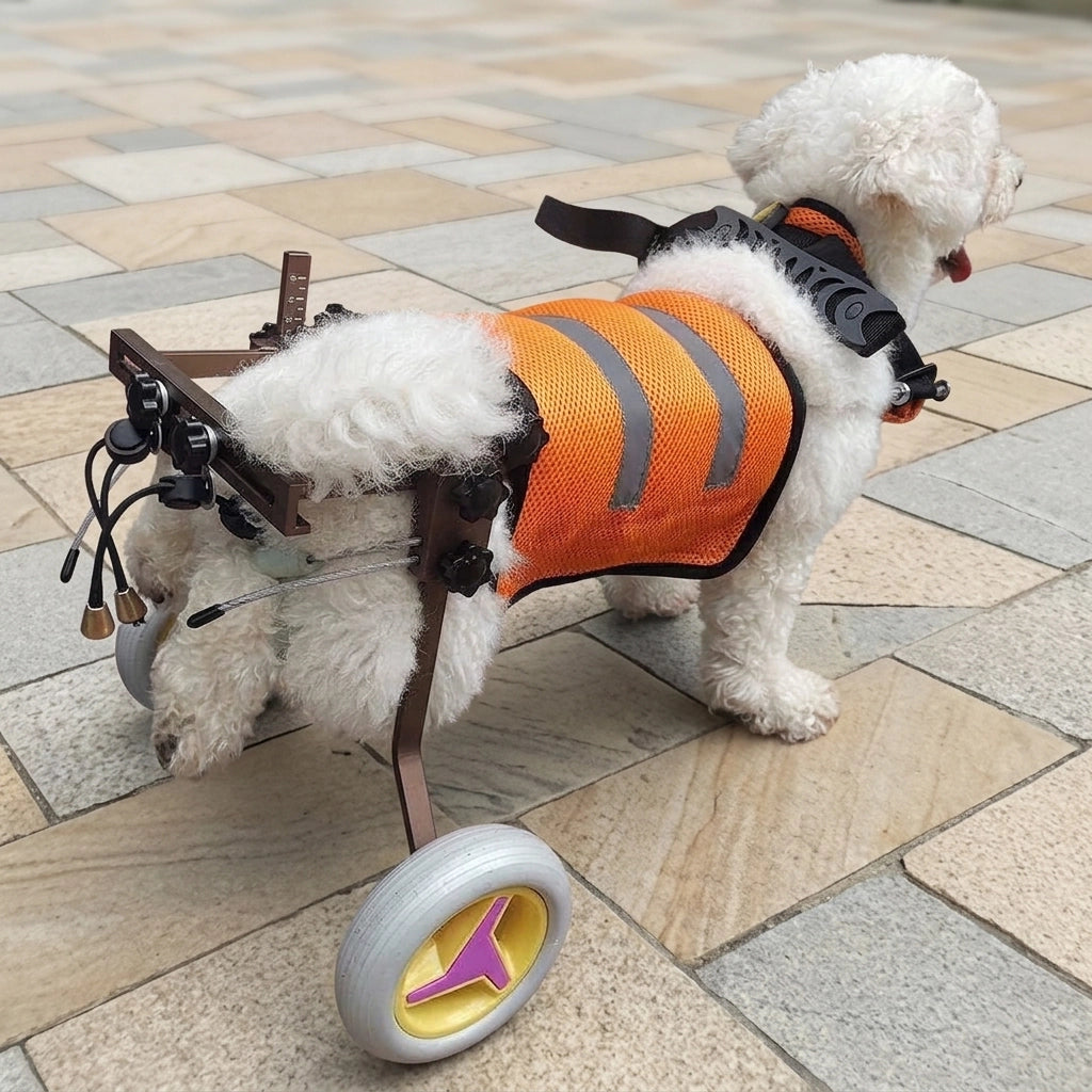 Small white dog using Freedom Walker wheelchair outdoors – Orange Vest & Brown Frame, side view on paved walkway
