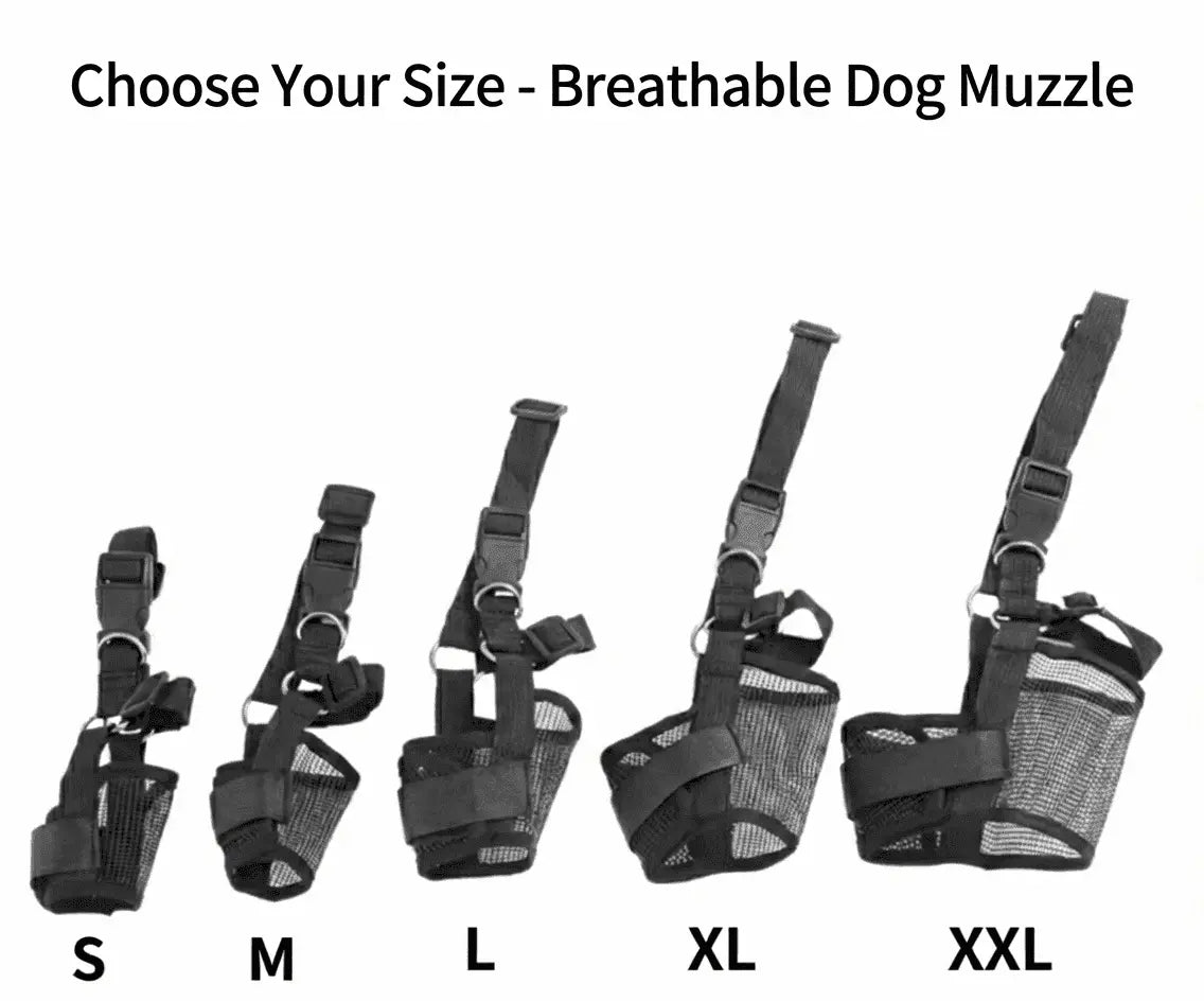 Set of black Breathable Dog Muzzles in different sizes on a white background