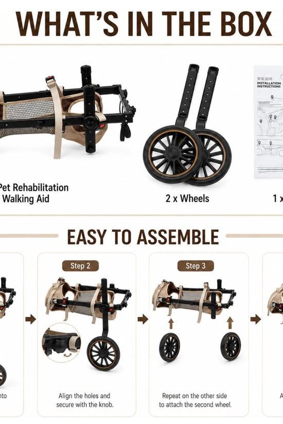 Dog wheelchair package contents and 4-step tool-free assembly guide