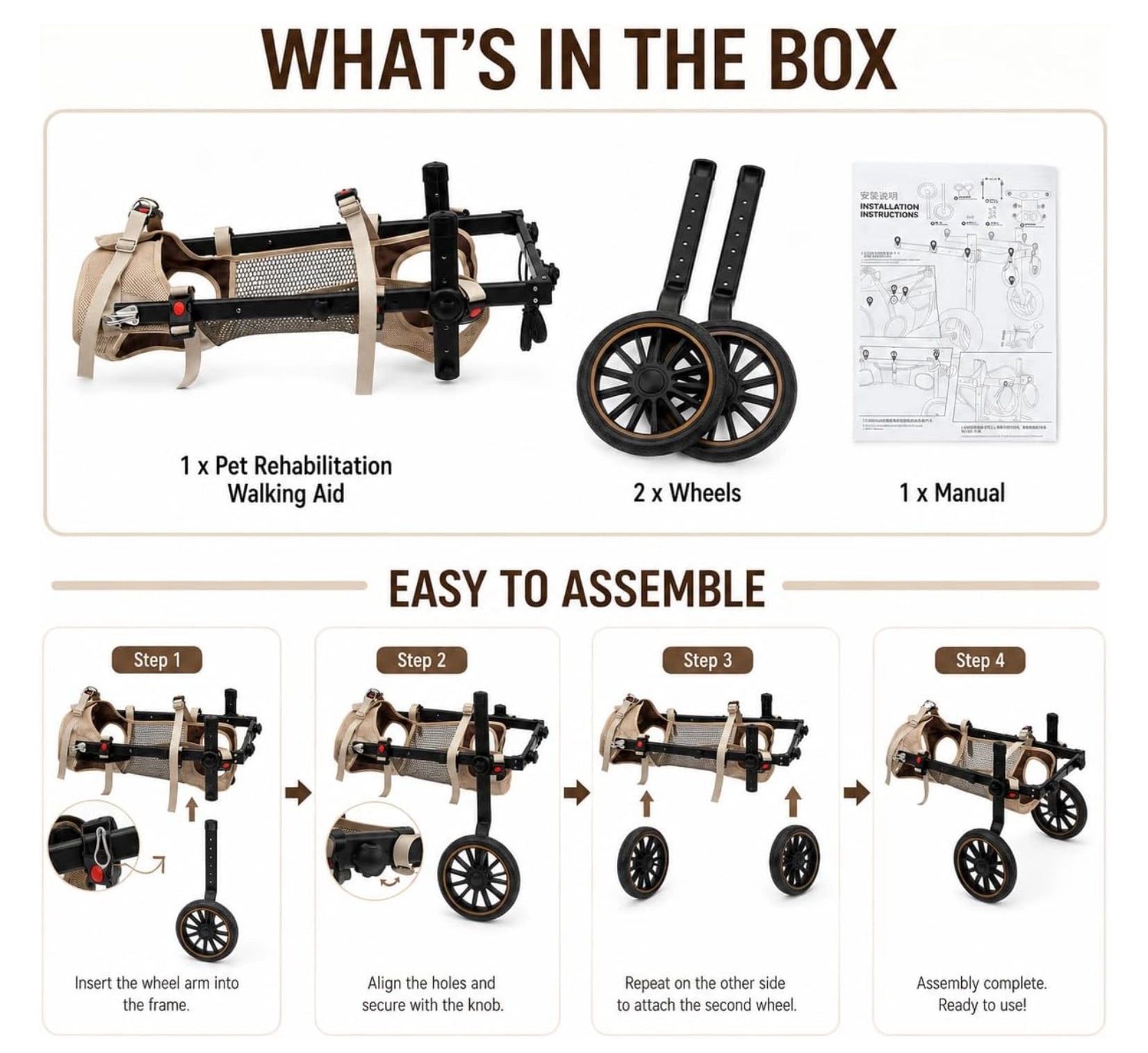 Dog wheelchair package contents and 4-step tool-free assembly guide