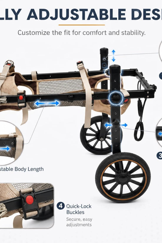Fully adjustable dog wheelchair: height, body length, hip width and quick-lock buckle adjustment points