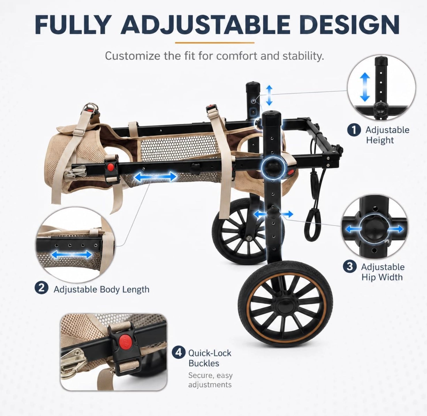 Fully adjustable dog wheelchair: height, body length, hip width and quick-lock buckle adjustment points