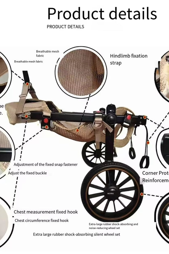 Dog wheelchair product details: breathable mesh, D-buckle, shock-absorbing wheels, corner protection