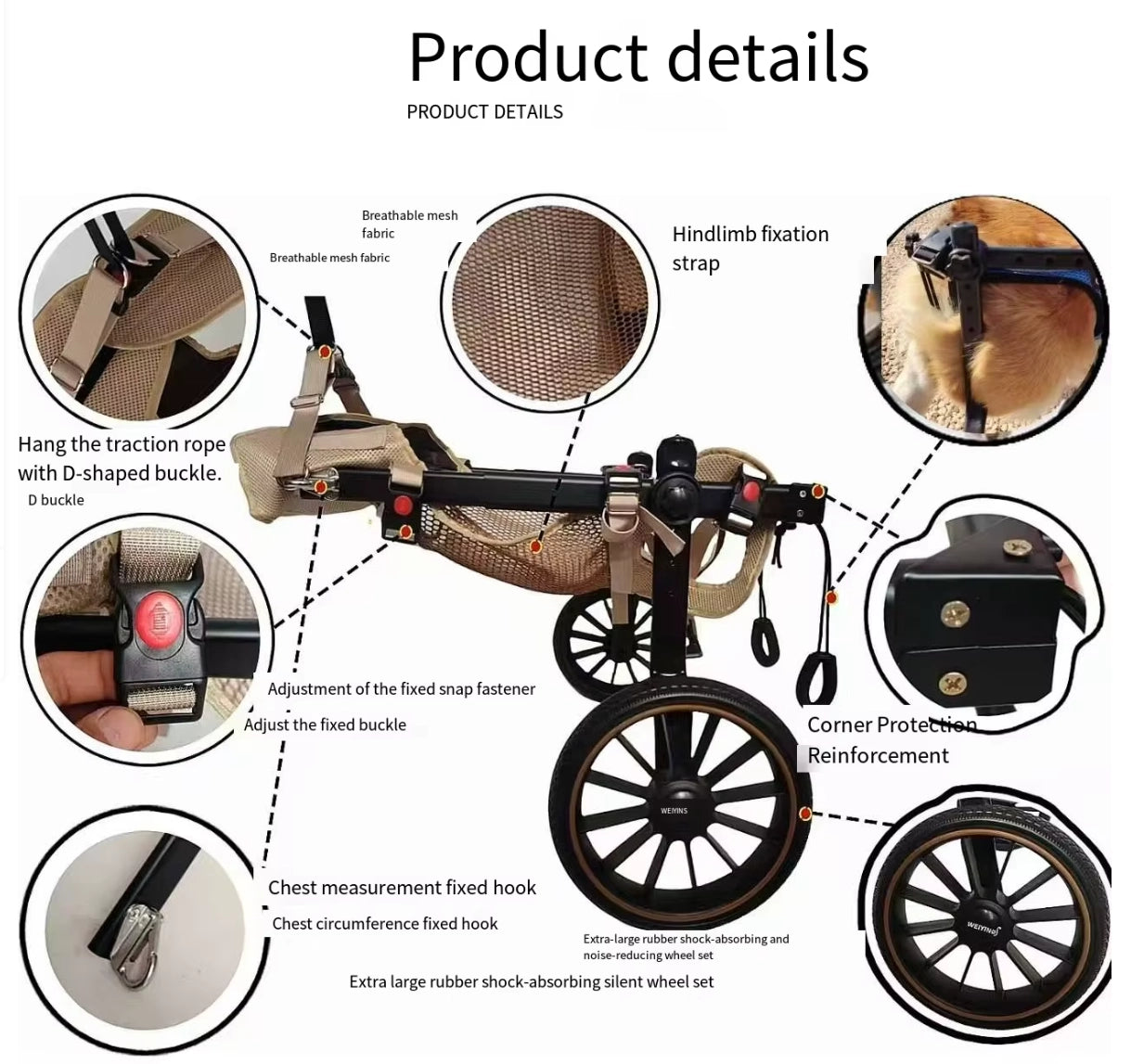 Dog wheelchair product details: breathable mesh, D-buckle, shock-absorbing wheels, corner protection