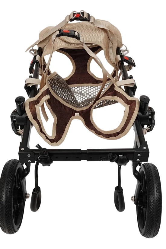Rehabilitation dog wheelchair rear angle view showing adjustable frame and harness straps
