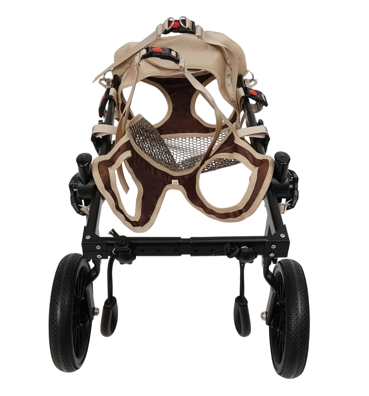 Rehabilitation dog wheelchair rear angle view showing adjustable frame and harness straps