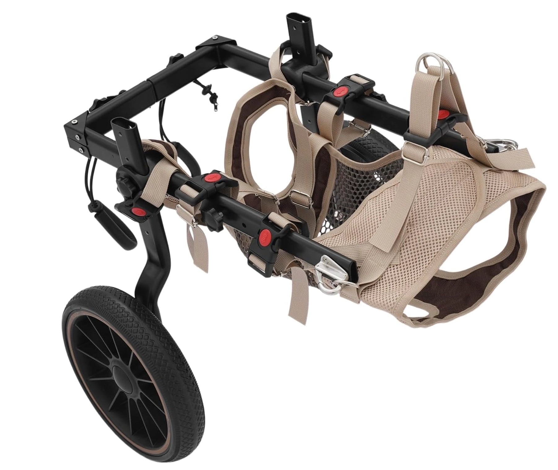 Rehabilitation dog wheelchair front view showing open-crotch mesh cradle design