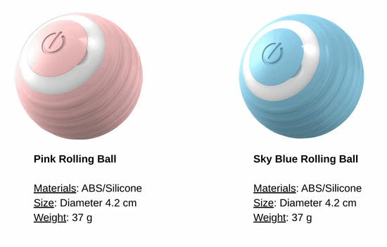 Pink and sky blue rolling Smart Interactive Pet Balls with product details on a white background