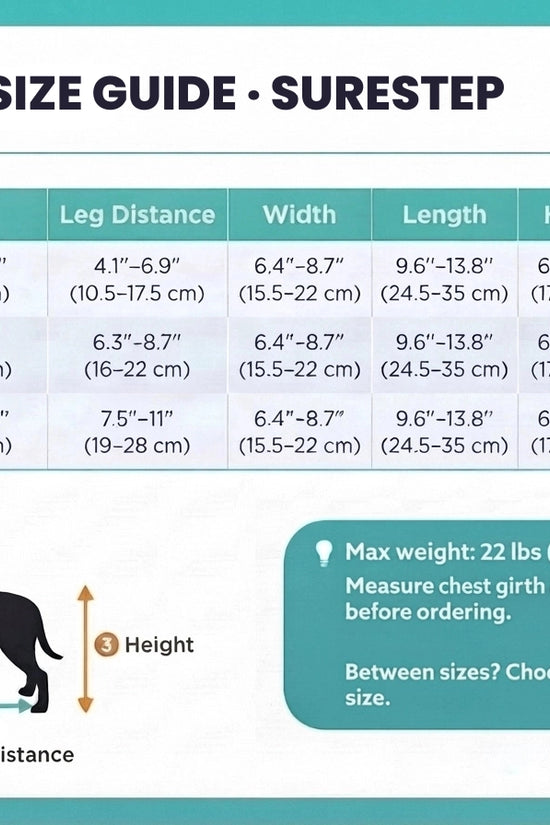 SureStep size guide chart – wheelchair sizing for small to medium dogs by weight and body measurements