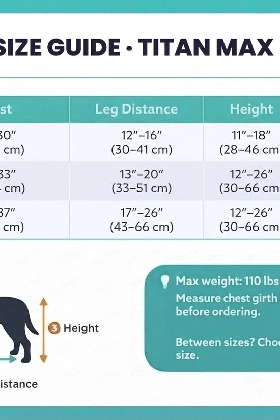 Titan Max size guide chart for large dogs – measurements for sizes L, XL, and XXL wheelchair fit