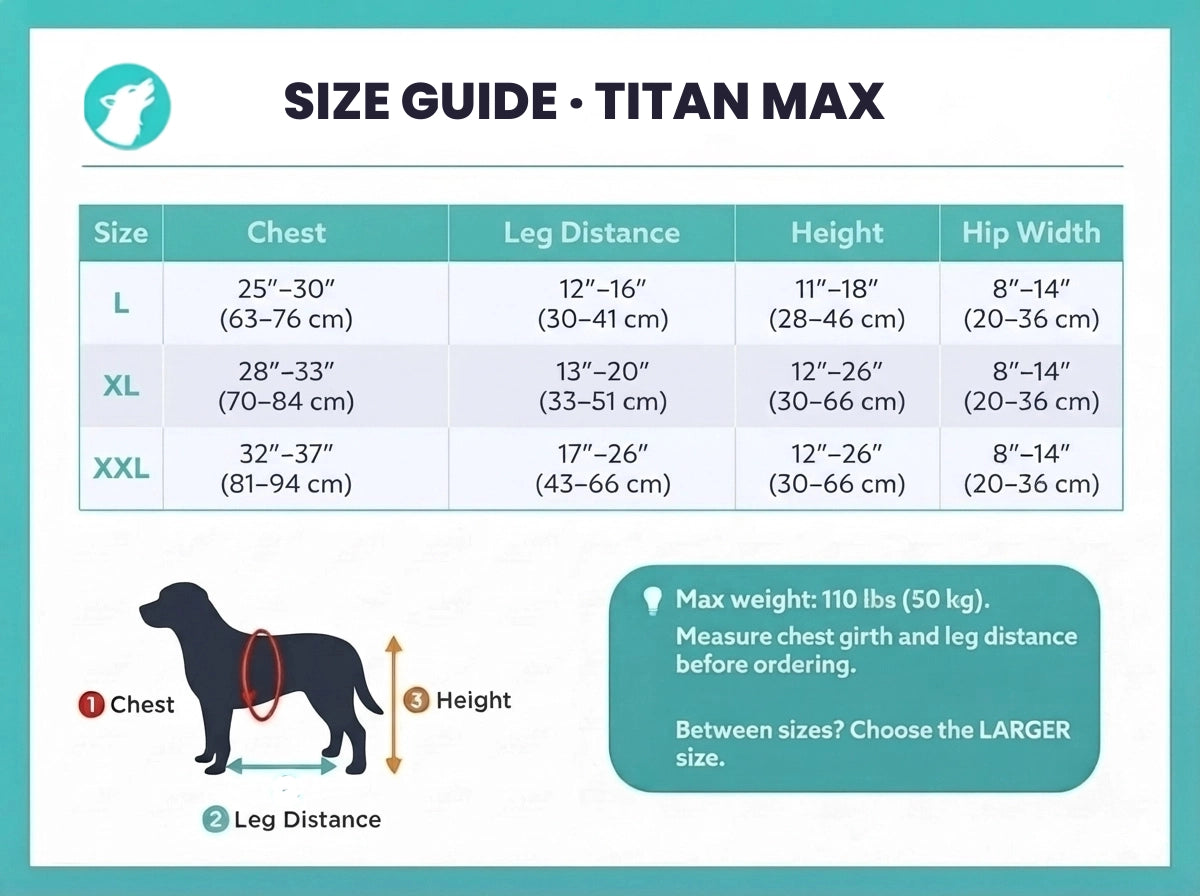Titan Max size guide chart for large dogs – measurements for sizes L, XL, and XXL wheelchair fit