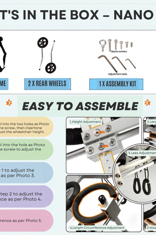 What's in the box – Nano Stride wheelchair: main harness & frame, 2 rear wheels, assembly kit, and manual with step-by-step instructions