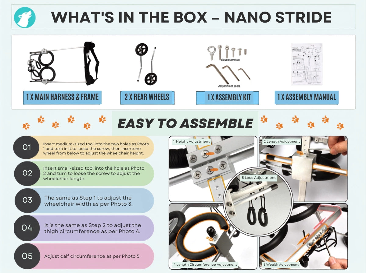 What's in the box – Nano Stride wheelchair: main harness & frame, 2 rear wheels, assembly kit, and manual with step-by-step instructions