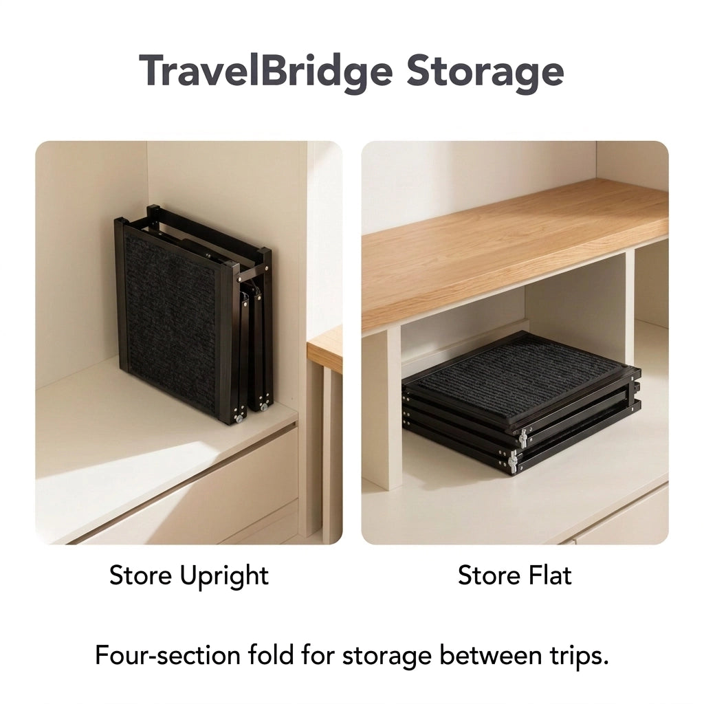 TravelBridge four-section dog ramp with a black carpet surface shown folded upright and flat for storage.
