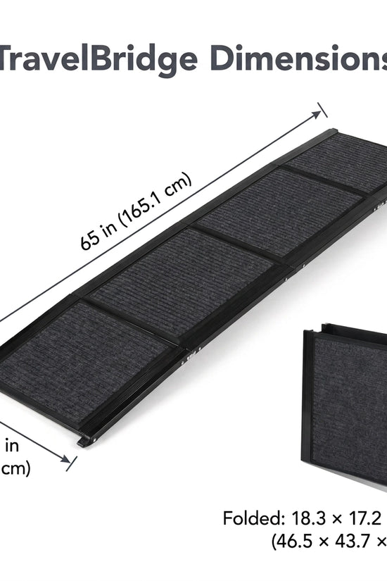 TravelBridge ramp dimensions: 65 inches long and 17.2 inches wide; folded size is 18.3 by 17.2 by 5.1 inches.