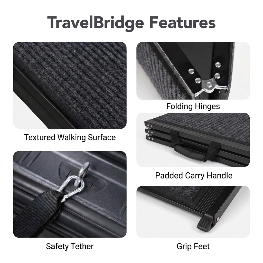 TravelBridge ramp details showing the textured surface, folding hinges, safety tether, padded carry handle, and grip feet.