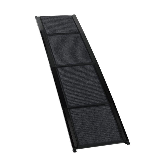 TravelBridge dog ramp fully unfolded, showing four hinged sections, a black frame, and a textured walking surface.