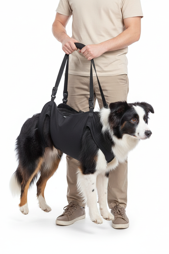 Border Collie with harness - front-side view