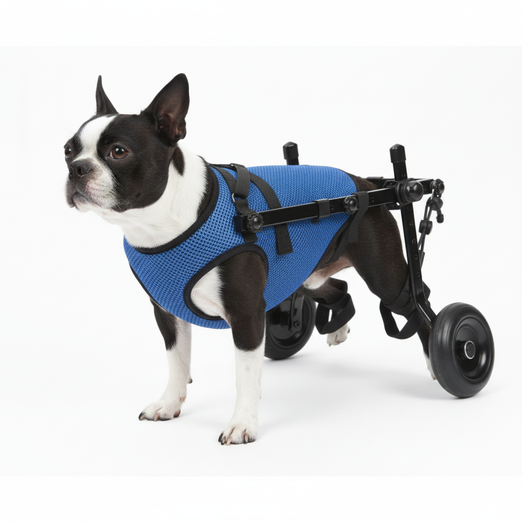 Boston Terrier using Loyal Stride Cart wheelchair for hind leg weakness