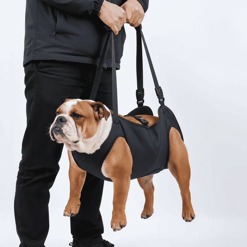 Dog wearing a Dog Mobility Support Harness being held by a person on a white background
