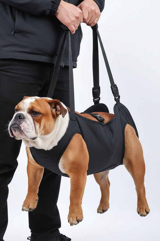 Bulldog with harness - diagonal view