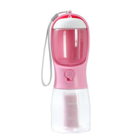 Dog travel water bottle 3-in-1 pink portable with food compartment