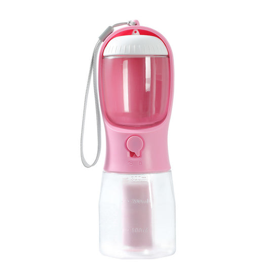Dog travel water bottle 3-in-1 pink portable with food compartment