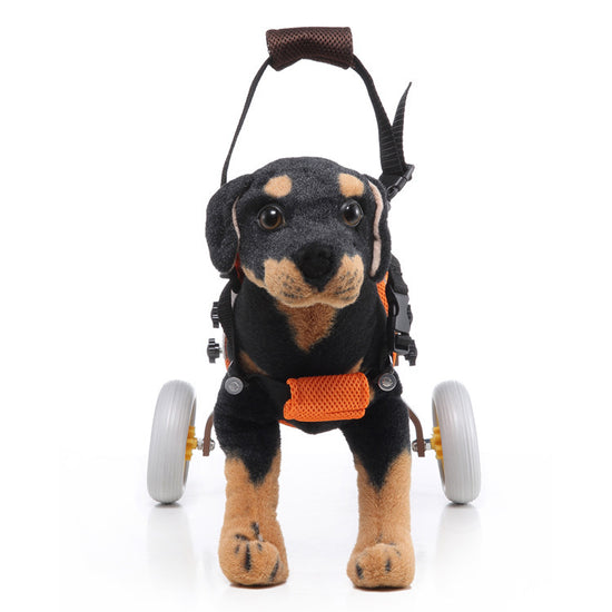 Stuffed dog toy with wheels on a white background