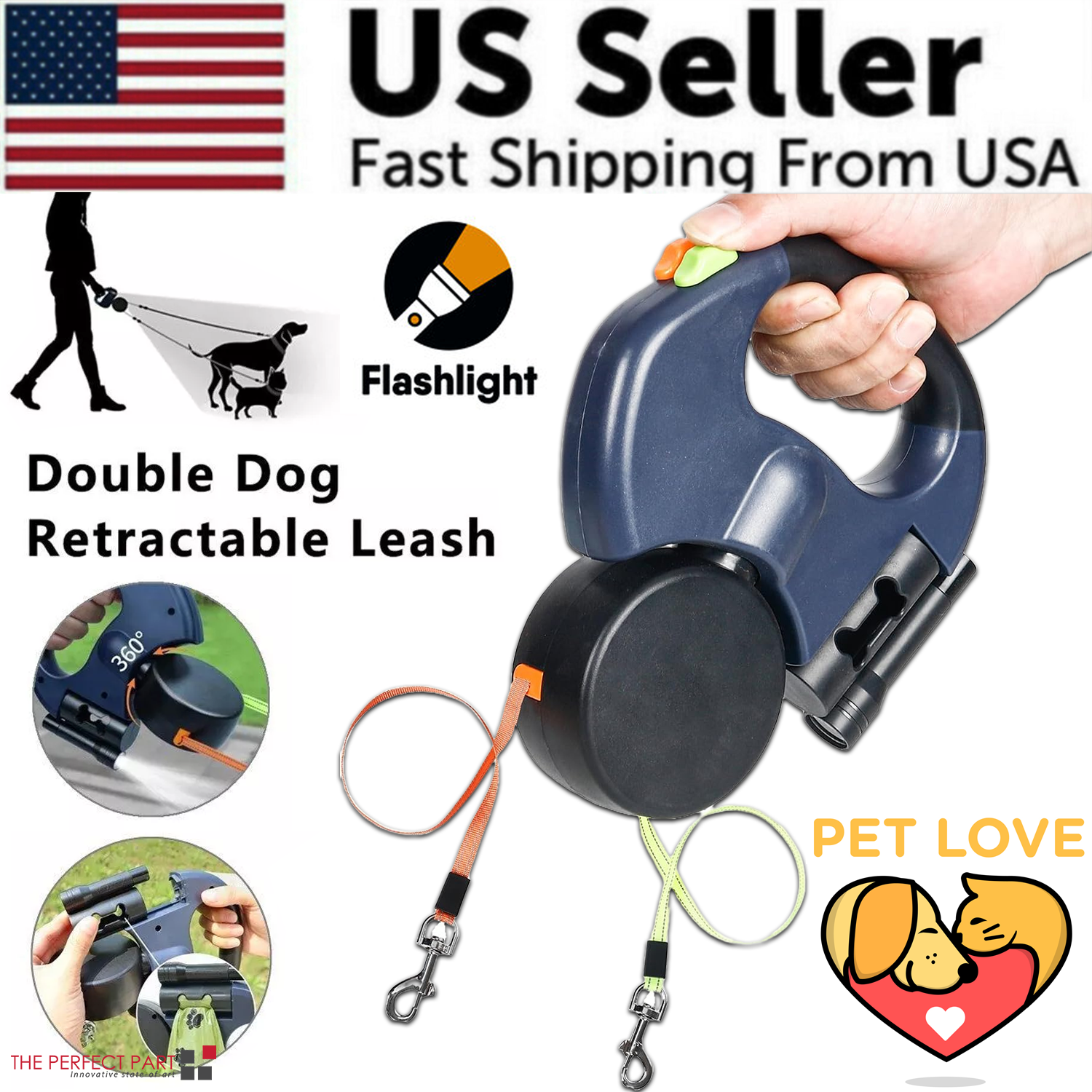 US - Twin Dog 360° Swivel Reflective Leash