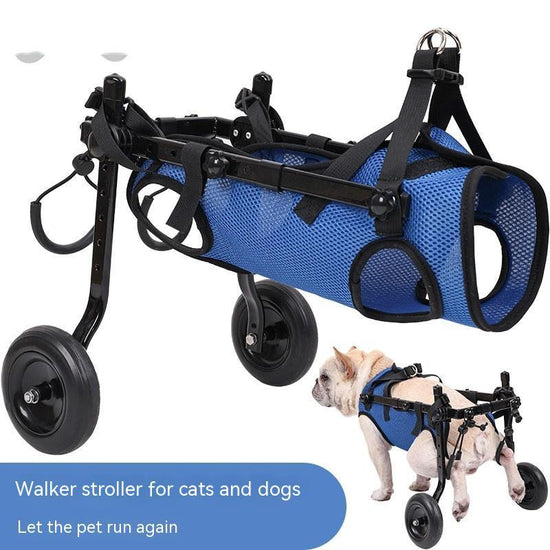 Blue pet stroller with wheels for cats and dogs on a white background