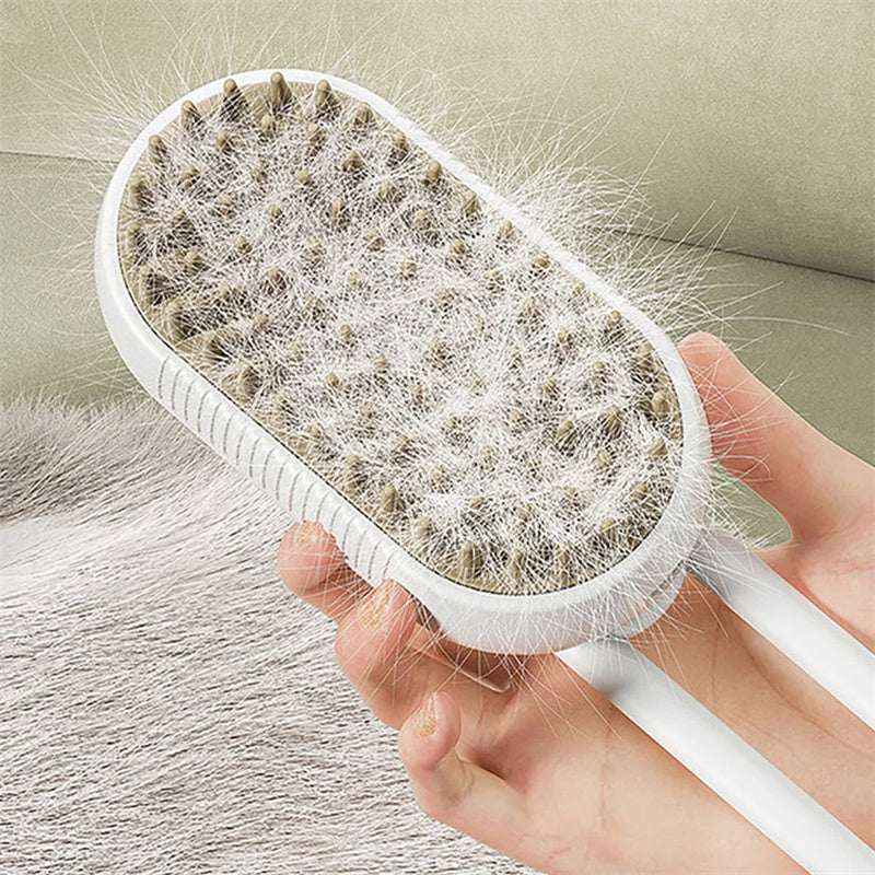 White 3-in-1 Electric Steam Pet Grooming Brush with pet hair on a light green background