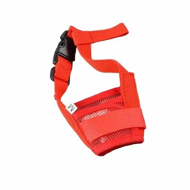 Red Breathable Dog Muzzle with a black buckle on a white background