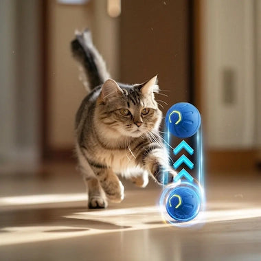 Cat playing with a Smart Interactive Pet Ball on a wooden floor.