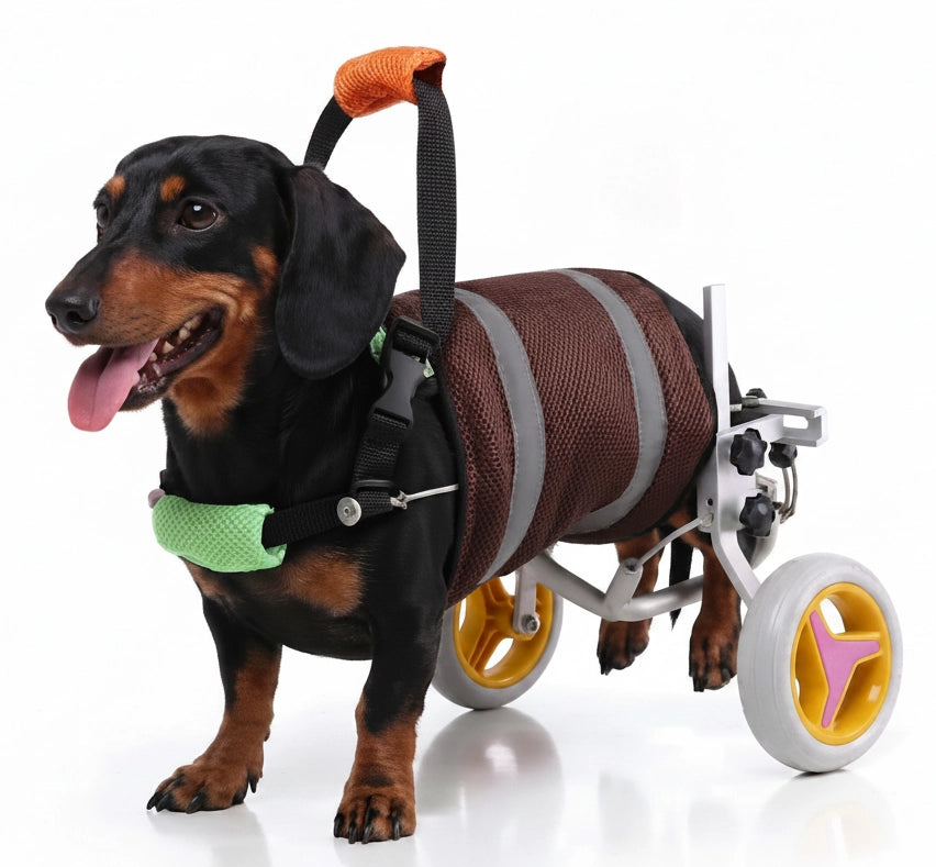 Dachshund dog using Freedom Walker dog wheelchair – Brown Vest & Silver Frame, side view on white background.