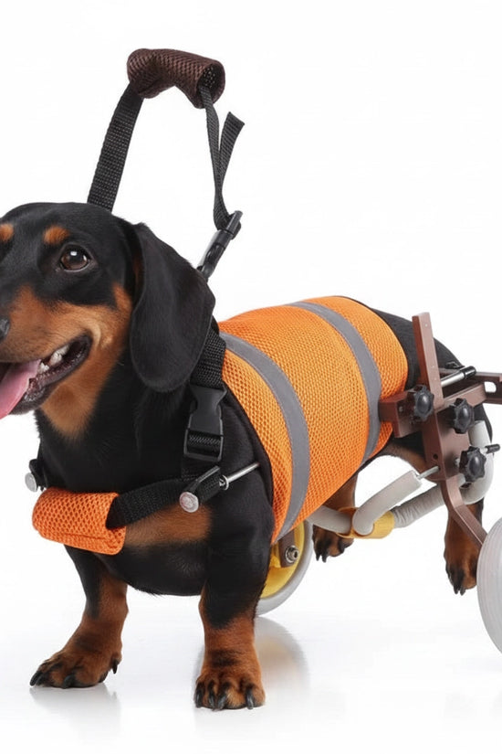 Dachshund dog using Freedom Walker dog wheelchair – Orange Vest & Brown Frame, side view on white background.
