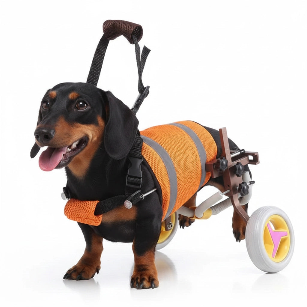 Dachshund dog using Freedom Walker dog wheelchair – Orange Vest & Brown Frame, side view on white background.