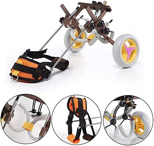 Freedom Walker adjustable dog wheelchair full product view – Orange Vest & Brown Frame with labeled detail callouts.