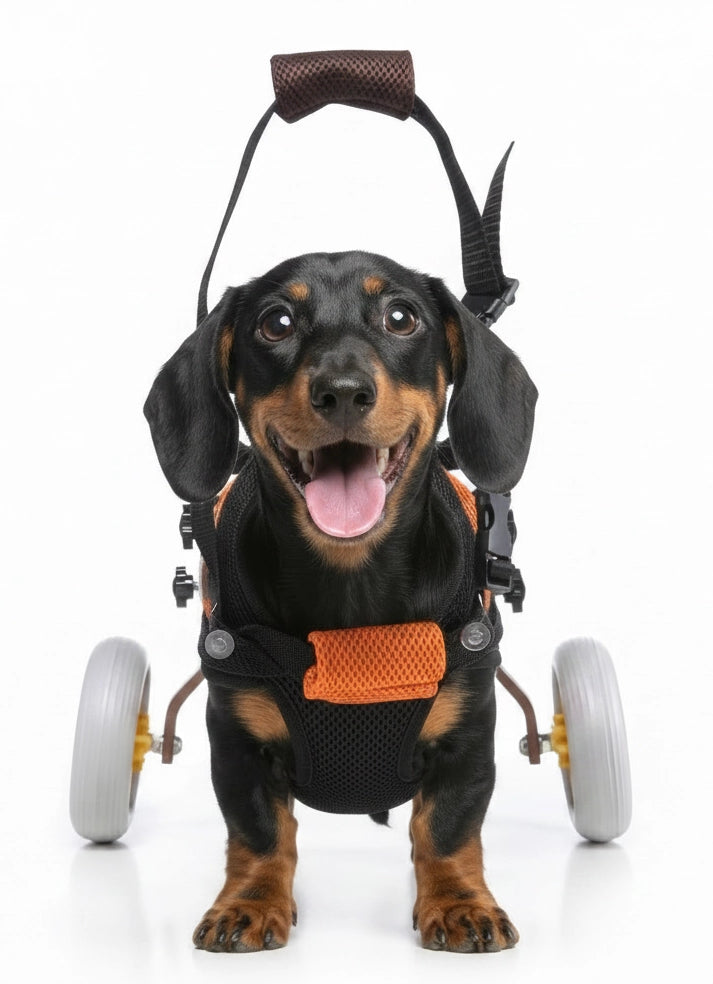 Freedom Walker dog wheelchair – Orange Vest & Brown Frame, side view without dog showing full wheelchair assembly
